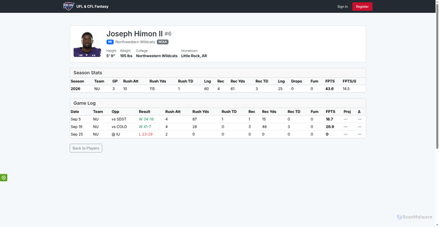 Security scan screenshot of https://newshubfantasy.com/player/60177