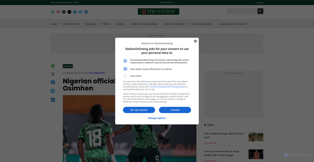 Security scan screenshot of https://thenationonlineng.net/nigerian-officials-warn-chelle-over-osimhen/