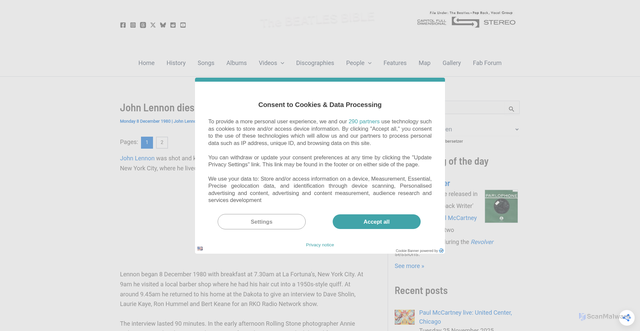 Security scan screenshot of https://www.beatlesbible.com/1980/12/08/john-lennon-dies/