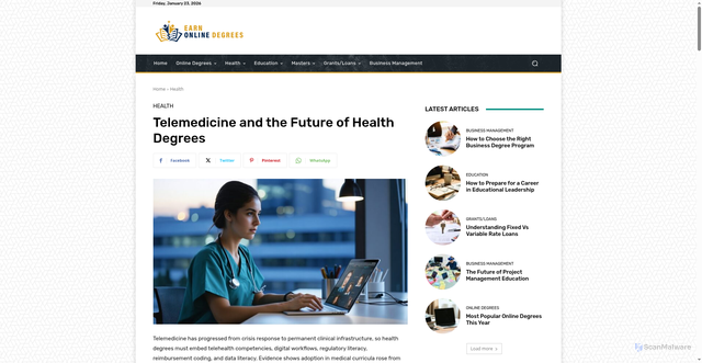 Security scan screenshot of https://earnonlinedegrees.com/telemedicine-and-future-of-health-degrees/