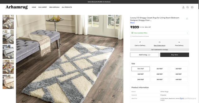 Security scan screenshot of https://arhamrug.shop/Luxury-3-D-Shaggy-Carpet-Rug-For-Living-Room-Bedroom/catalogue/ulHcHWFR/opozKD1v
