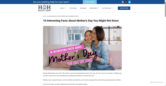 Security scan screenshot of https://nationalhouseofhope.org/2025/10-interesting-facts-about-mothers-day-you-might-not-know/