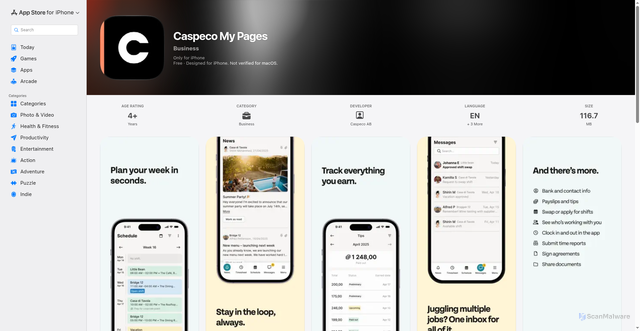 Security scan screenshot of https://apps.apple.com/gb/app/caspeco-my-pages/id6742499315