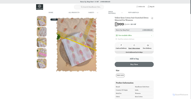 Security scan screenshot of https://handloomclothstore.com/Yellow-Kota-Cotton-Suit-Unstiched-Dress-Material-For-Womens/catalogue/zMLudhSa/r1aOitw8