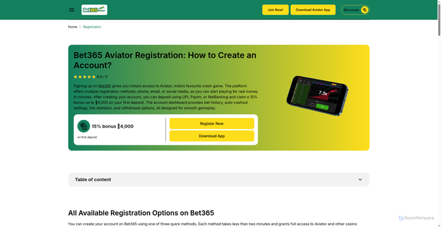 Security scan screenshot of https://bet365-aviator.net/registration/