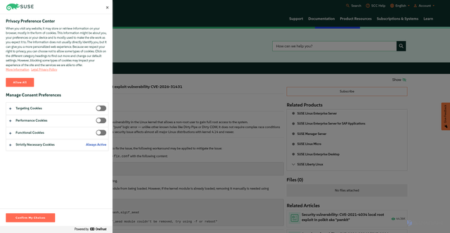 Security scan screenshot of https://support.scc.suse.com/s/kb/Security-vulnerability-Copy-Fail-local-root-exploit-vulnerability-CVE-2026-31431