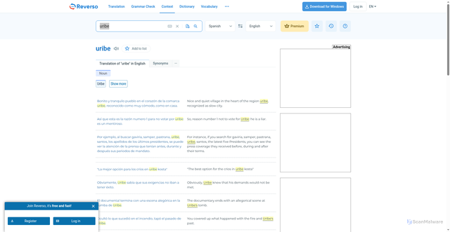 Security scan screenshot of https://context.reverso.net/translation/spanish-english/uribe