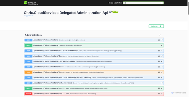 Security scan screenshot of https://delegatedadministration-eastus-release-a.citrixworkspacesapi.net