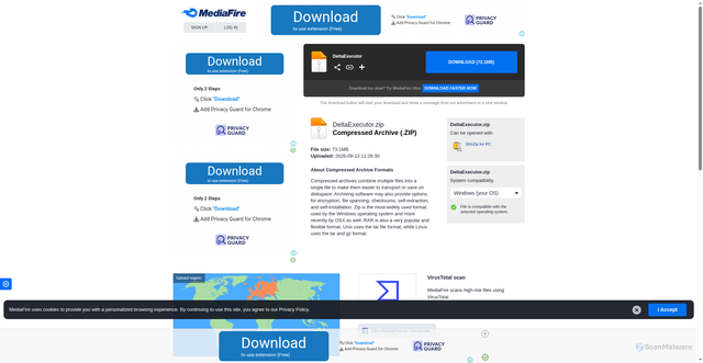 Security scan screenshot of https://www.mediafire.com/file/p3mfnlwgzn6rl90/DeltaExecutor.zip/file