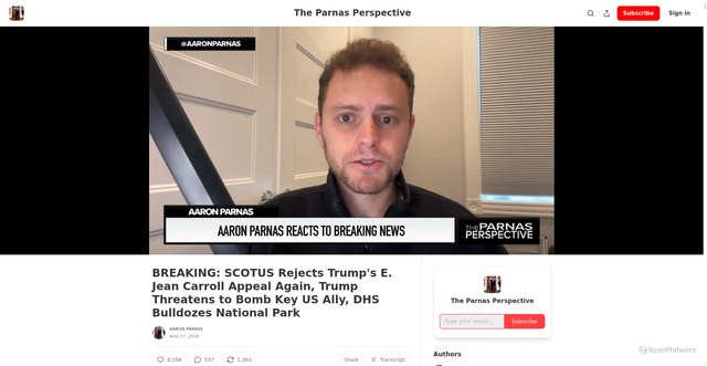 Security scan screenshot of https://aaronparnas.substack.com/p/breaking-scotus-rejects-trumps-e