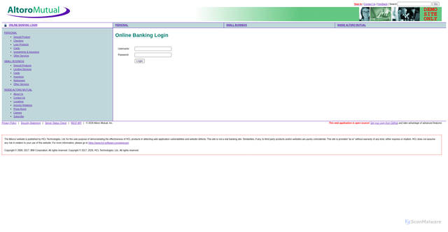 Security scan screenshot of http://testfire.net/login.jsp