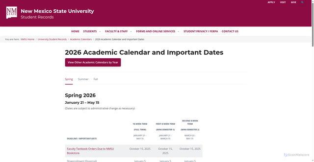 Security scan screenshot of https://records.nmsu.edu/academic-calendar/2026.html