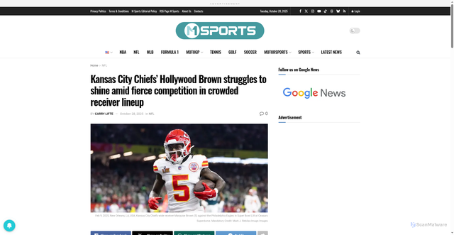 Security scan screenshot of https://motorcyclesports.net/nfl/kansas-city-chiefs-hollywood-brown-struggles-to-shine-amid-fierce-competition-in-crowded-receiver-lineup/