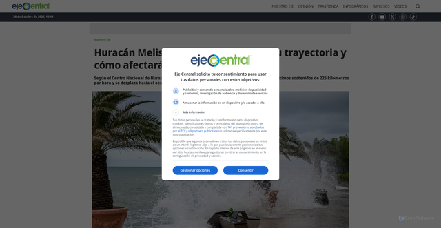 Security scan screenshot of https://www.ejecentral.com.mx/nuestro-eje/huracan-melissa-categoria-4-cual-es-su-trayectoria-y-como-afectara-mexico