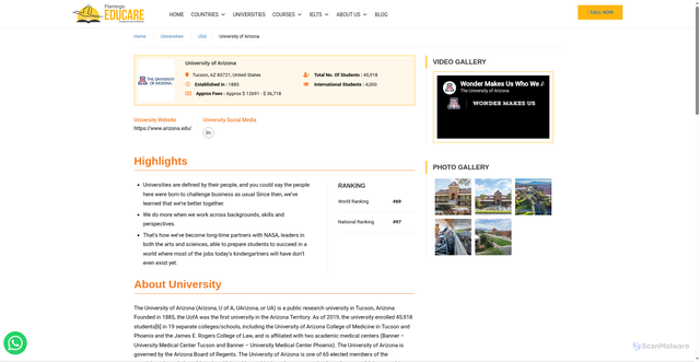 Security scan screenshot of https://www.flamingoeducare.com/universities/usa/university-of-arizona/