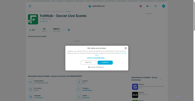 Security scan screenshot of https://soccer-scores.en.uptodown.com/android/download