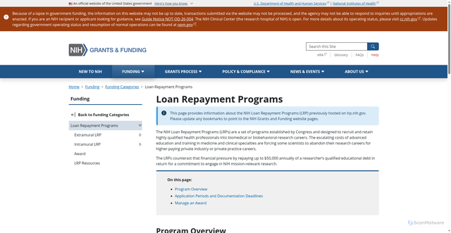 Security scan screenshot of https://grants.nih.gov/funding/funding-categories/lrp
