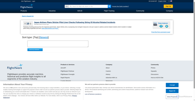 Security scan screenshot of https://uk.flightaware.com/squawks/view/1/24_hours/popular/99516/Japan_Airlines_Plans_Stricter_Pilot_Liver_Checks_Following_String_Of_Alcohol_Related_Incidents