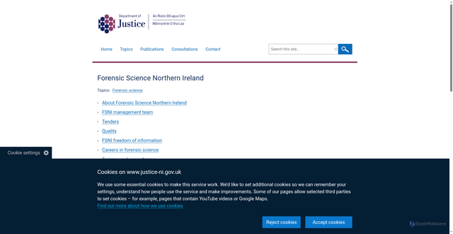 Security scan screenshot of https://www.justice-ni.gov.uk/topics/forensic-science-northern-ireland