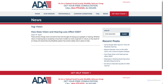 Security scan screenshot of https://americandisabilityalliance.pages.dev/social-security-blog/?tag=vision