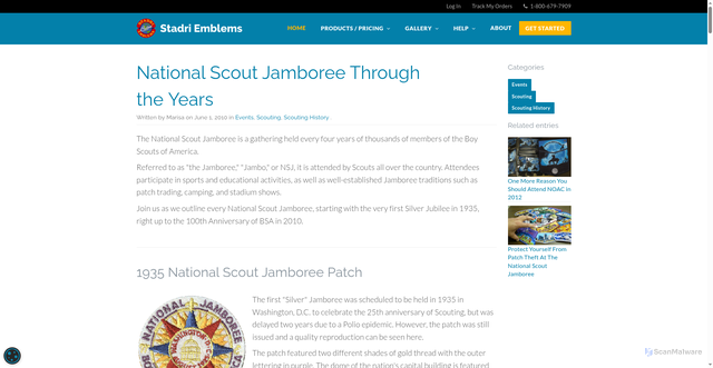 Security scan screenshot of https://www.stadriemblems.com/blog/national-scout-jamboree-through-the-years/