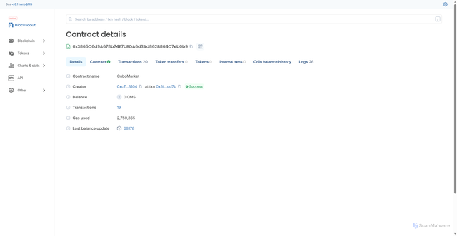 Security scan screenshot of https://testnet.qmsscan.io/address/0x3865C6d9A678b74E7bBDA6d3Ad862B864C7eb0b9