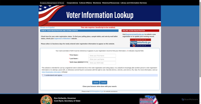 Security scan screenshot of https://registration.dos.fl.gov/