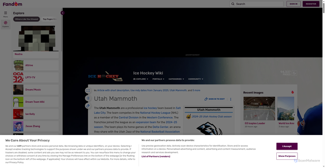 Security scan screenshot of https://icehockey.fandom.com/wiki/Utah_Mammoth