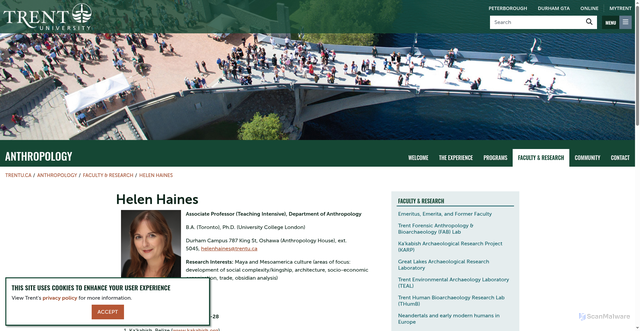Security scan screenshot of https://www.trentu.ca/anthropology/faculty-research/helen-haines
