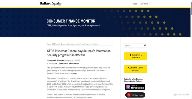 Security scan screenshot of https://www.consumerfinancemonitor.com/2025/11/10/cfpb-inspector-general-says-bureaus-information-security-program-is-ineffective/