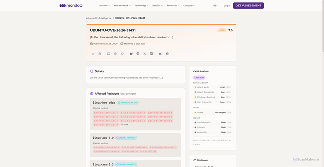 Security scan screenshot of https://mondoo.com/vulnerability-intelligence/vulnerability/UBUNTU-CVE-2026-31431
