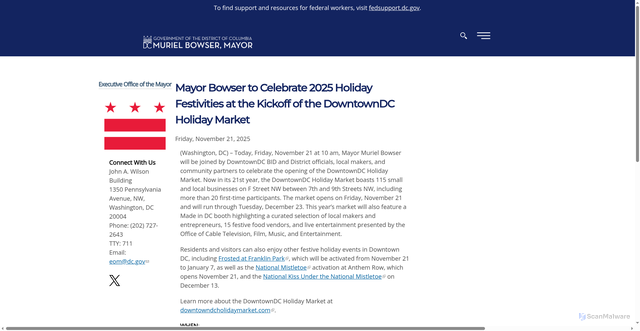 Security scan screenshot of https://mayor.dc.gov/release/mayor-bowser-celebrate-2025-holiday-festivities-kickoff-downtowndc-holiday-market