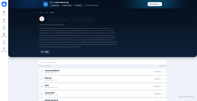 Security scan screenshot of https://www.marineradar.com/vessel-type/tanker