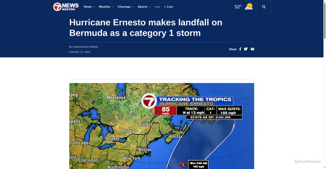 Security scan screenshot of https://whdh.com/news/hurricane-ernesto-makes-landfall-on-bermuda-as-a-category-1-storm/