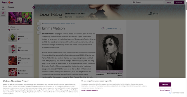 Security scan screenshot of https://emmapedia.fandom.com/wiki/Emma_Watson