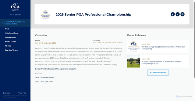 Security scan screenshot of https://www.pgamediacenter.com/events/2025-senior-pga-professional-championship