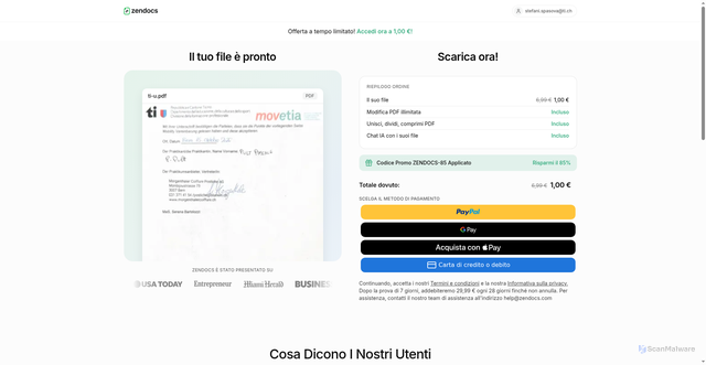 Security scan screenshot of https://email.zendocs.com/e/c/eyJlbWFpbF9pZCI6ImRnVDV0Z3NMQUlxY3BnV0puS1lGQWFGODViVGgyazd1S3RNam1hcWtkdz09IiwiaHJlZiI6Imh0dHBzOi8vemVuZG9jcy5jb20vaXQvcHJpY2luZz91dG1fc291cmNlPWVtYWlsXHUwMDI2dXRtX21lZGl1bT1jdXN0b21lcmlvXHUwMDI2dXRtX2NhbXBhaWduPWFiYW5kb25lZF9jYXJ0XzlcdTAwMjZ1dG1fY29udGVudD1wYXl3YWxsXHUwMDI2ZmlsZV91cmw9Y2hlY2tvdXQlMkZ0aS11LTNlNjg2MjMwLWYwMDctNDY1Yi1iNjNmLWI0YTFmZWYwNzkxMy1wZGZcdTAwMjZmaWxlX25hbWU9dGktdS5wZGZcdTAwMjZlbWFpbD1zdGVmYW5pLnNwYXNvdmFAdGkuY2hcdTAwMjZpZD03NDhmMzcwOGU0ZGRlNzIxMjcwYmNkMjdmNzgyYzM1N2NjN2FkYTQwZDg4YTU4ZmI2NGIyZGFkMWVjMjNhMWUzXHUwMDI2dXNlcl9pZD1hYzllMmRkMi04YTUxLTRkODktYTIyZS1kYjI4ODdhNGIzMDNcdTAwMjZwcmV2aWV3X3VybD1wcmV2aWV3LTJmMTFiMjVjLTY3OGItNDk4Zi04MTkxLTkzOTMzY2UwMzUzMi13ZWJwIiwiaW50ZXJuYWwiOiJmOWI2MGJmMjAyYTk1ZDhhOWNhNjA1IiwibGlua19pZCI6MjcyNX0/6dd489ad7ad18ab644140d9772294da3e1bc28d569637ecefc3839367dec8569