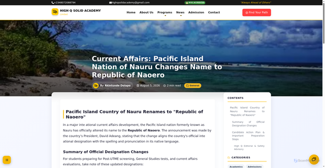 Security scan screenshot of https://highqsolidacademy.com/post/current-affairs-pacific-island-nation-of-nauru-changes-name-to-republic-of-naoero