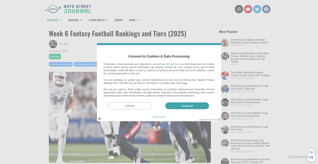Security scan screenshot of https://www.rotostreetjournal.com/2025/10/05/week-6-fantasy-football-rankings-and-tiers-2025/