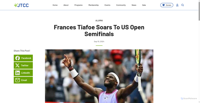 Security scan screenshot of https://jtcc.org/frances-tiafoe-soars-to-us-open-semifinals/