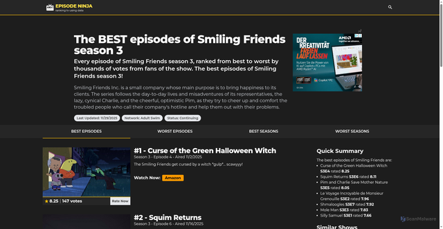 Security scan screenshot of https://episode.ninja/series/smiling-friends/season-3