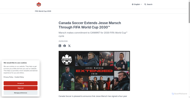 Security scan screenshot of https://news.canadasoccer.com/canada-soccer-extends-jesse-marsch-through-fifa-world-cup-2030