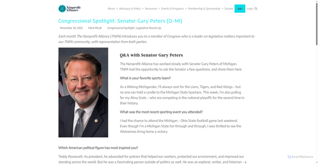 Security scan screenshot of https://tnpa.org/congressional-spotlight-senator-gary-peters-d-mi/