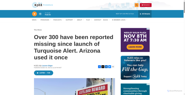 Security scan screenshot of https://www.kjzz.org/the-show/2025-10-30/over-300-have-been-reported-missing-since-launch-of-turquoise-alert-arizona-used-it-once