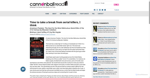 Security scan screenshot of https://cannonballread.com/2020/01/american-predator-the-hunt-for-the-most-meticulous-serial-killer-of-the-21st-century-and-birdman-jack-caffery-1-badkittyuno/