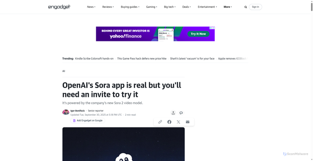 Security scan screenshot of https://www.engadget.com/ai/openais-sora-app-is-real-but-youll-need-an-invite-to-try-it-171849671.html