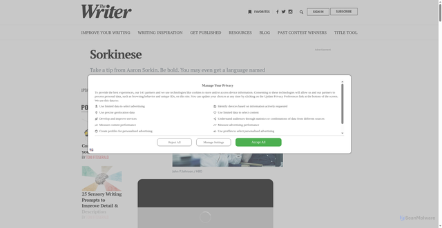 Security scan screenshot of https://www.writermag.com/improve-your-writing/scriptwriting/aaron-sorkin/