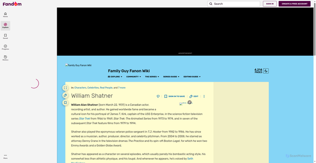 Security scan screenshot of https://familyguyfanon.fandom.com/wiki/William_Shatner