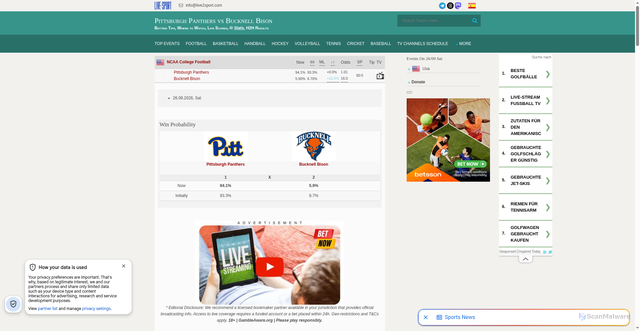 Security scan screenshot of https://live2sport.com/American-Football.php/Pittsburgh-Panthers/Bucknell-Bison/3847681/