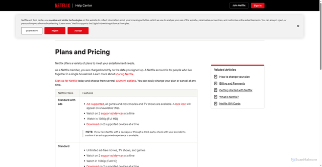 Security scan screenshot of https://help.netflix.com/en/node/24926